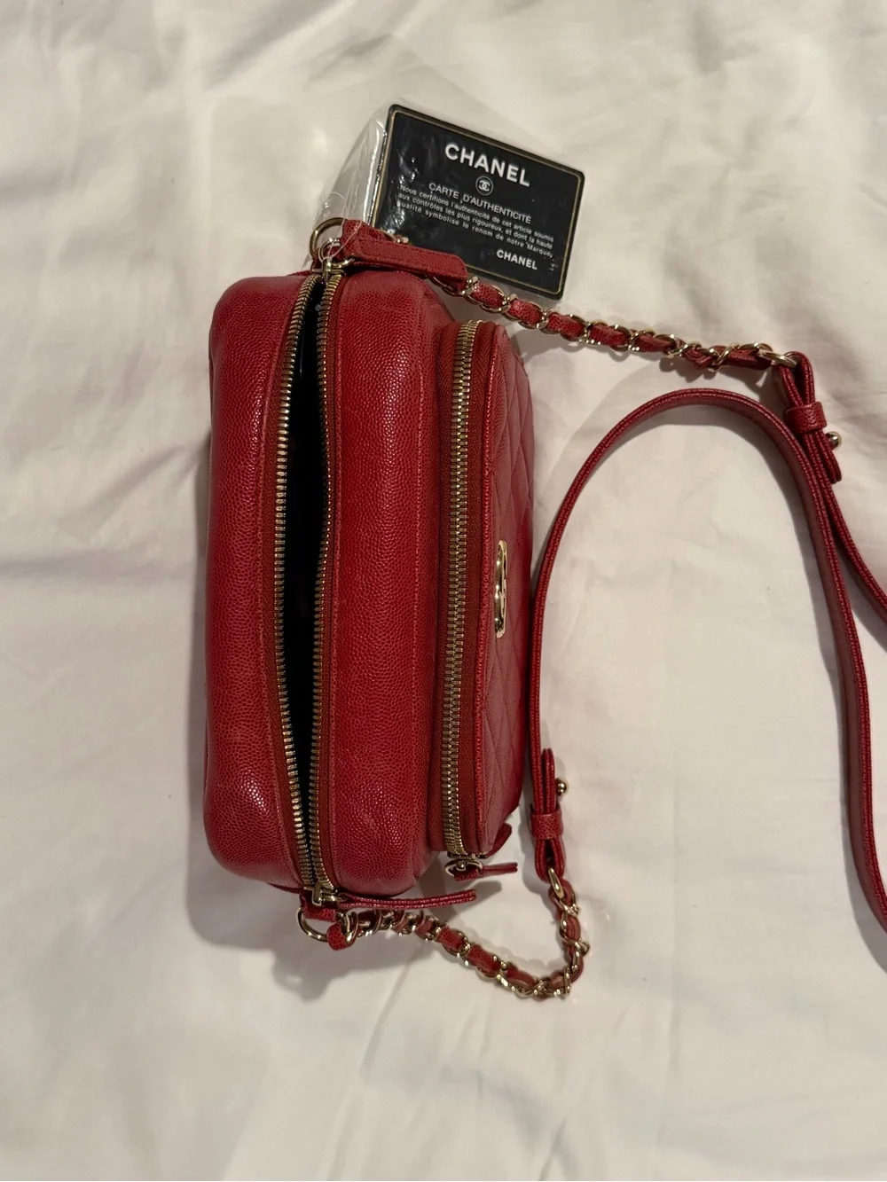 CHANEL Red Quilted Leather Camera Crossbody with Gold Hardware